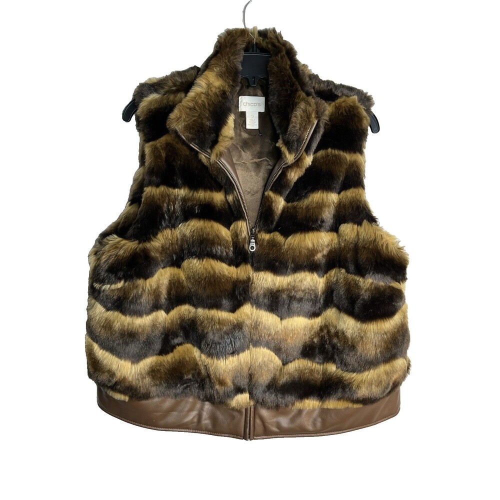 Chicos Faux Fur Brown Multi Zip down vest jacket Blouse sz 2 / L (15)